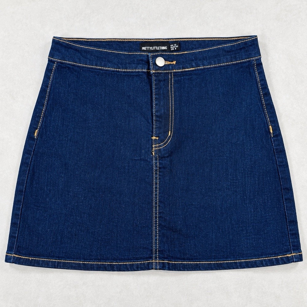 PrettyLittleThing Womens 8 Dark Wash Denim Mini Skirt Stretch Blue Jean Pockets